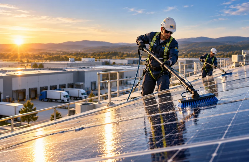 Curățare panouri fotovoltaice pe acoperișuri industriale